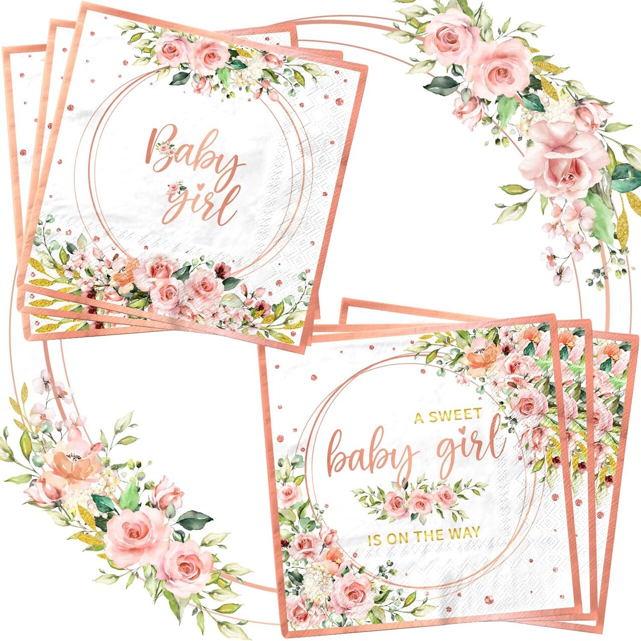 40pcs Sweet Baby Girl Rose Gold Baby Shower Napkins (Baby Girl) 6.5 x 6.5 inches